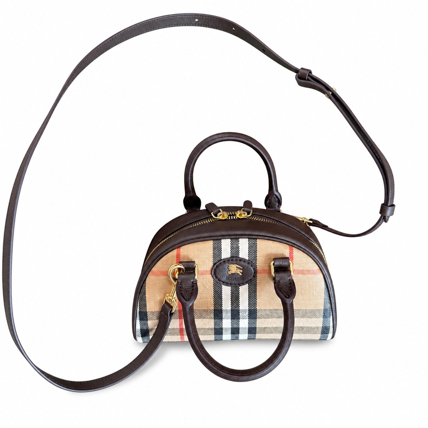 Burberry Highlands Mini Cotton Jacquard Leather Check Bowling Bag