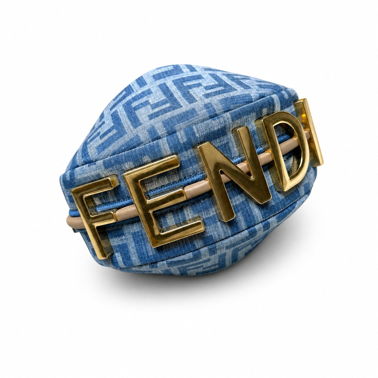 Fendi Mini Denim Leather Beige Blue Gold Hobo Bag