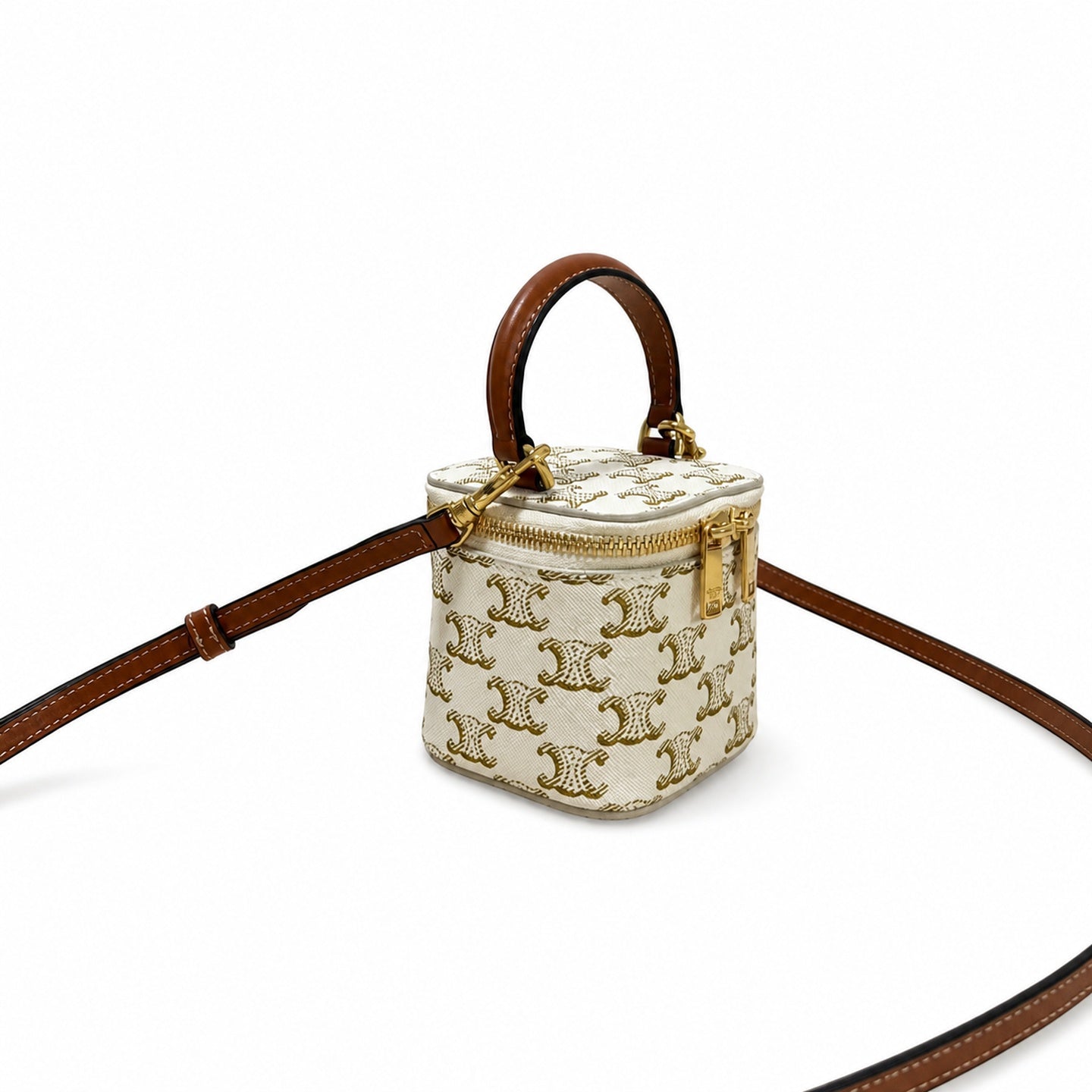 Celine Double Zip Small White Brown Bag