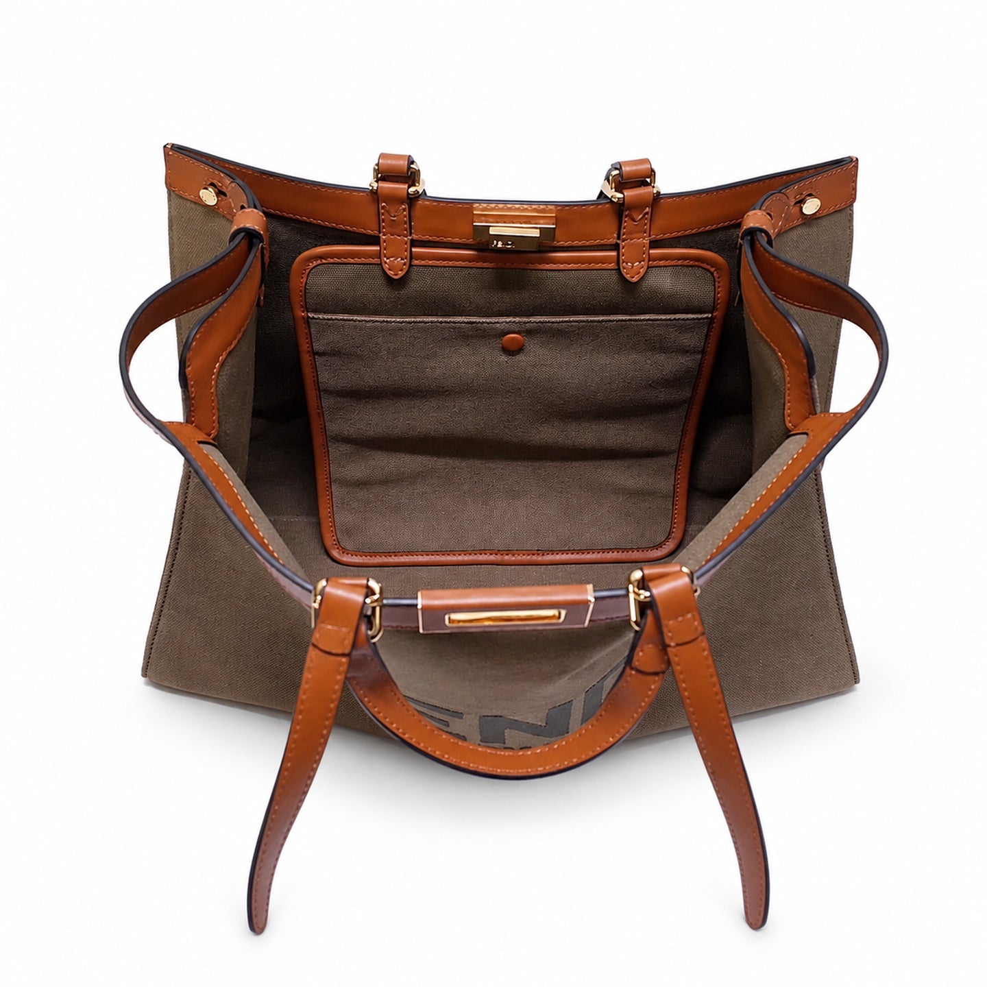 Fendi Peekaboo X-Tote Medium Embroidered Canvas Leather Brown Green Handbag
