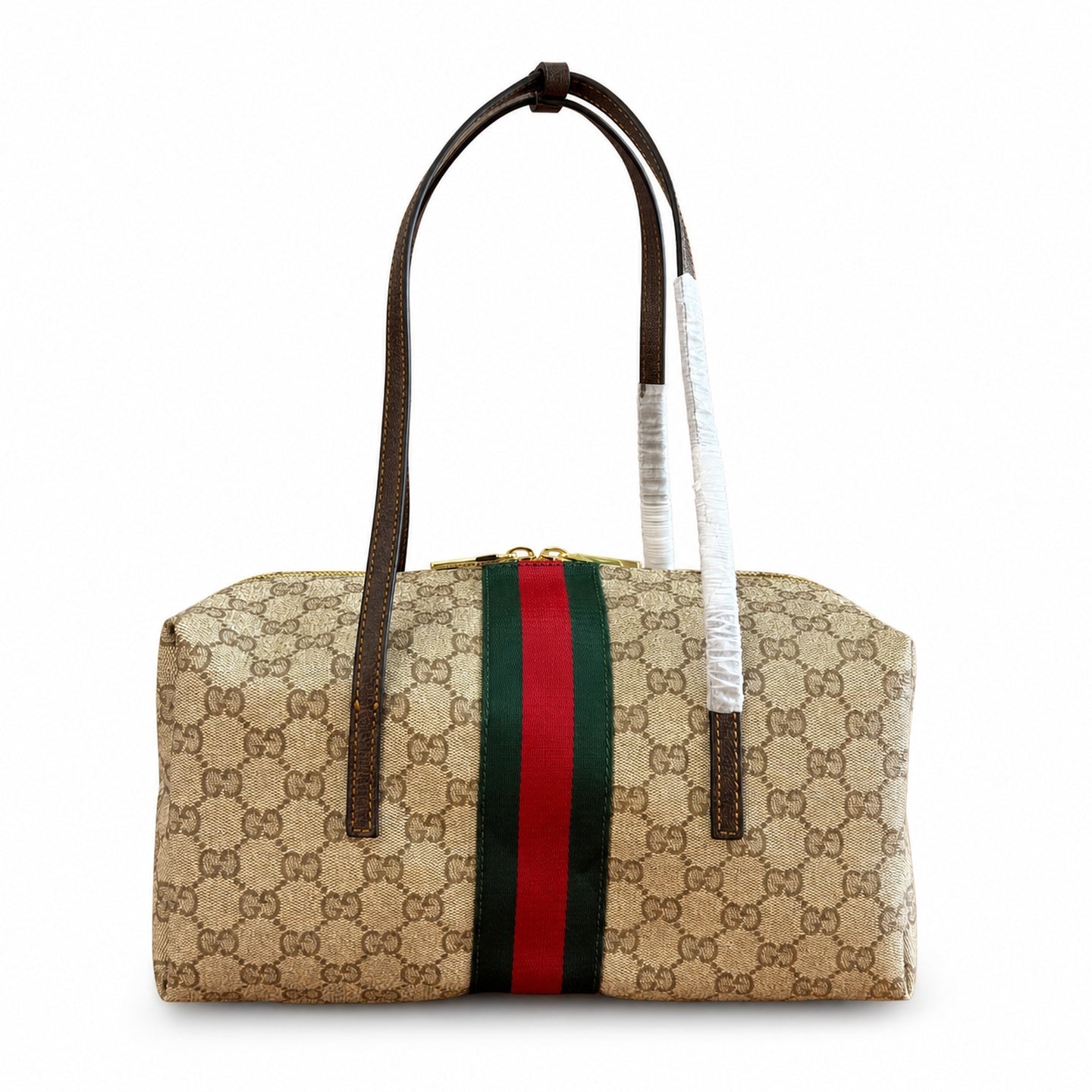 Gucci Cotton Canvas Leather Brown Gold Boston Bag