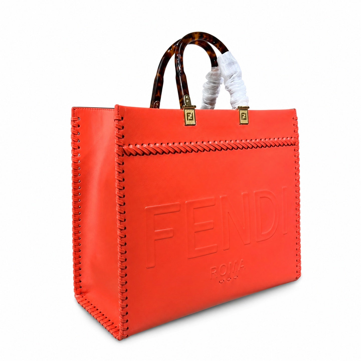 Fendi Sunshine Medium Embroidered Leather Red Orange Gold Tote Bag