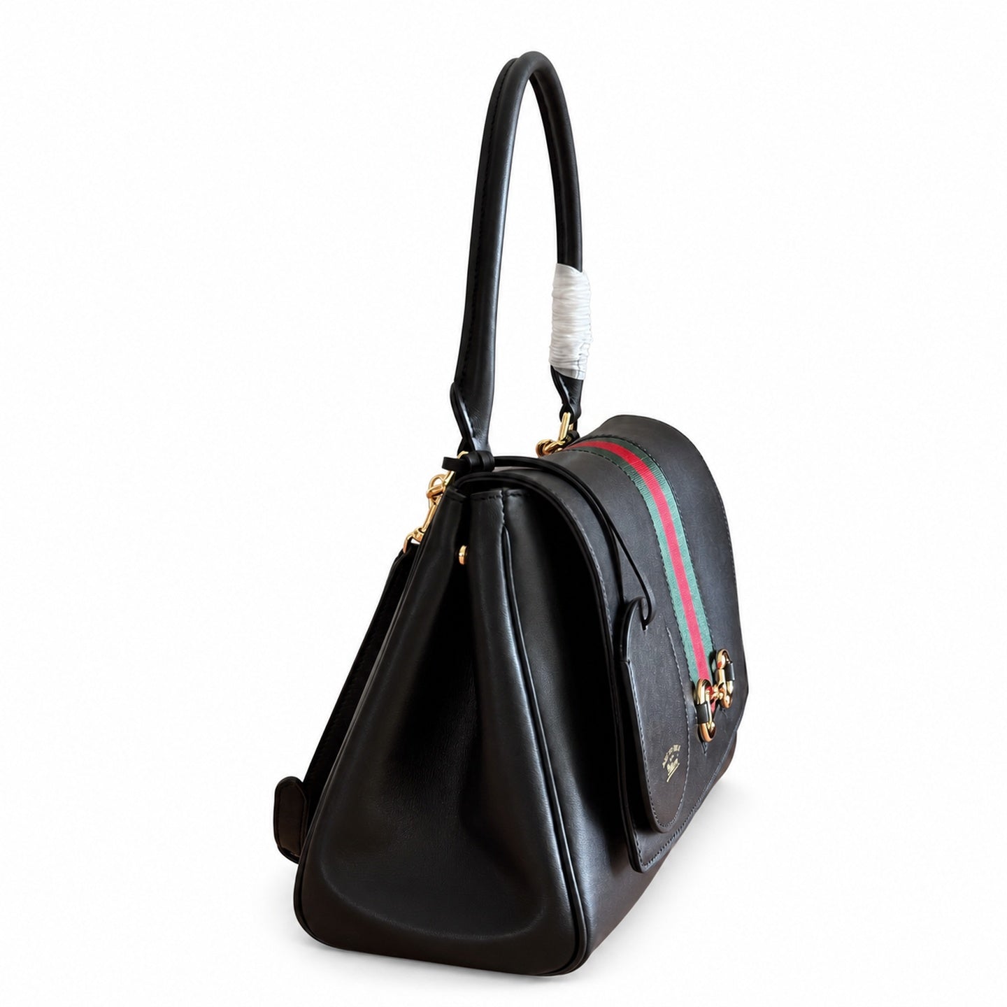 Gucci Horsebit Canvas Leather Black Brown Gold Handbag