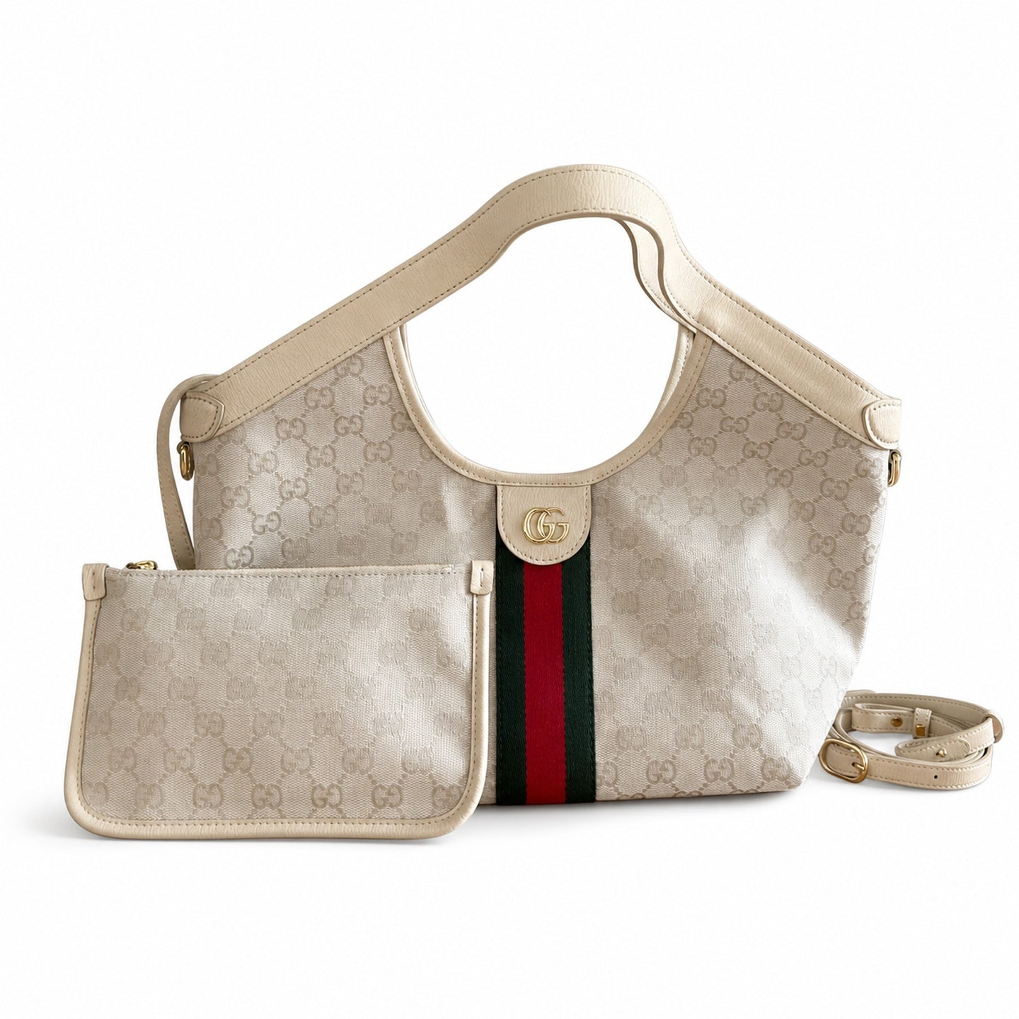 Gucci Giglio Small Cotton Canvas Leather White Beige Brown Red Green Gold Tote Bag