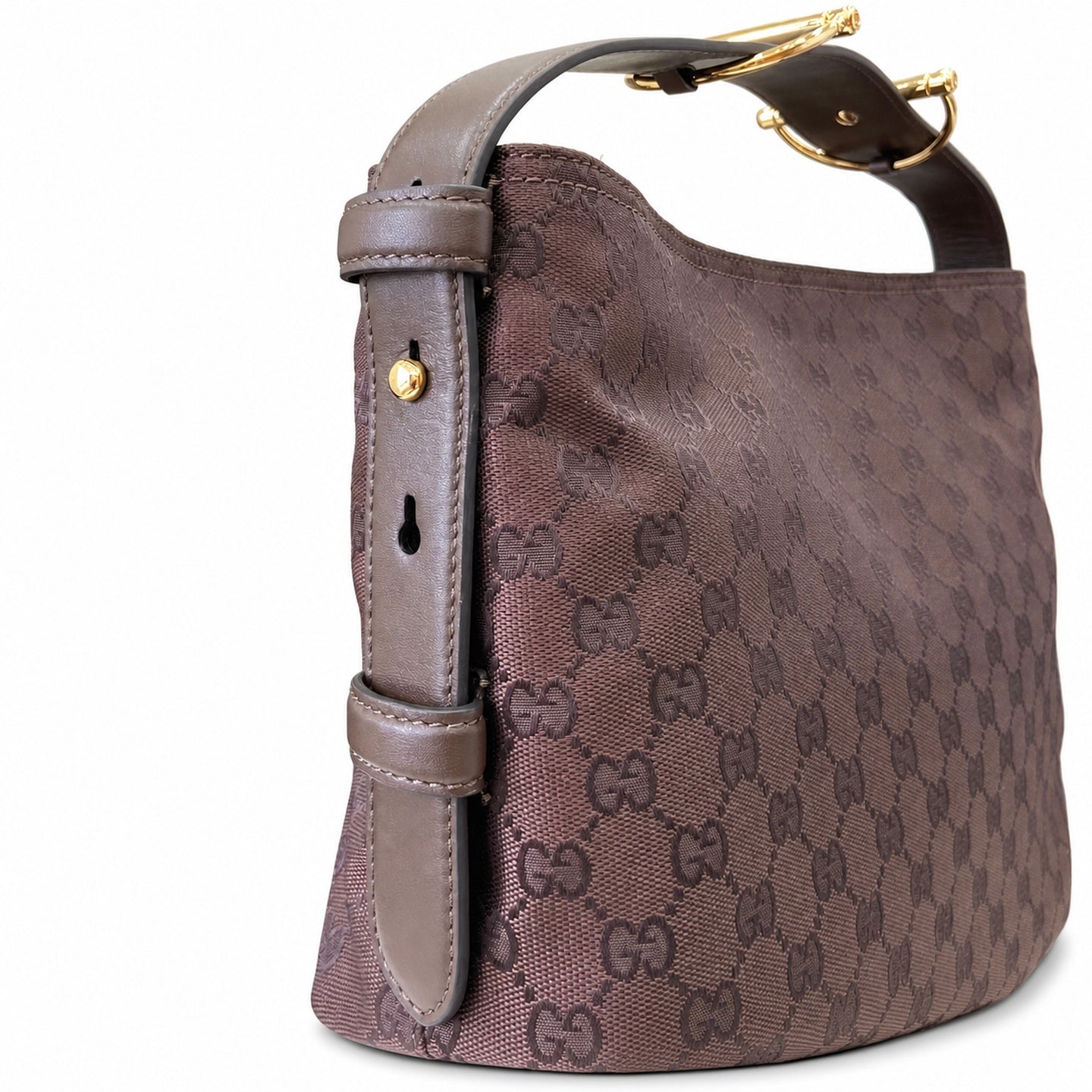 Gucci Horsebit Cotton Canvas Brown Gold Handbag