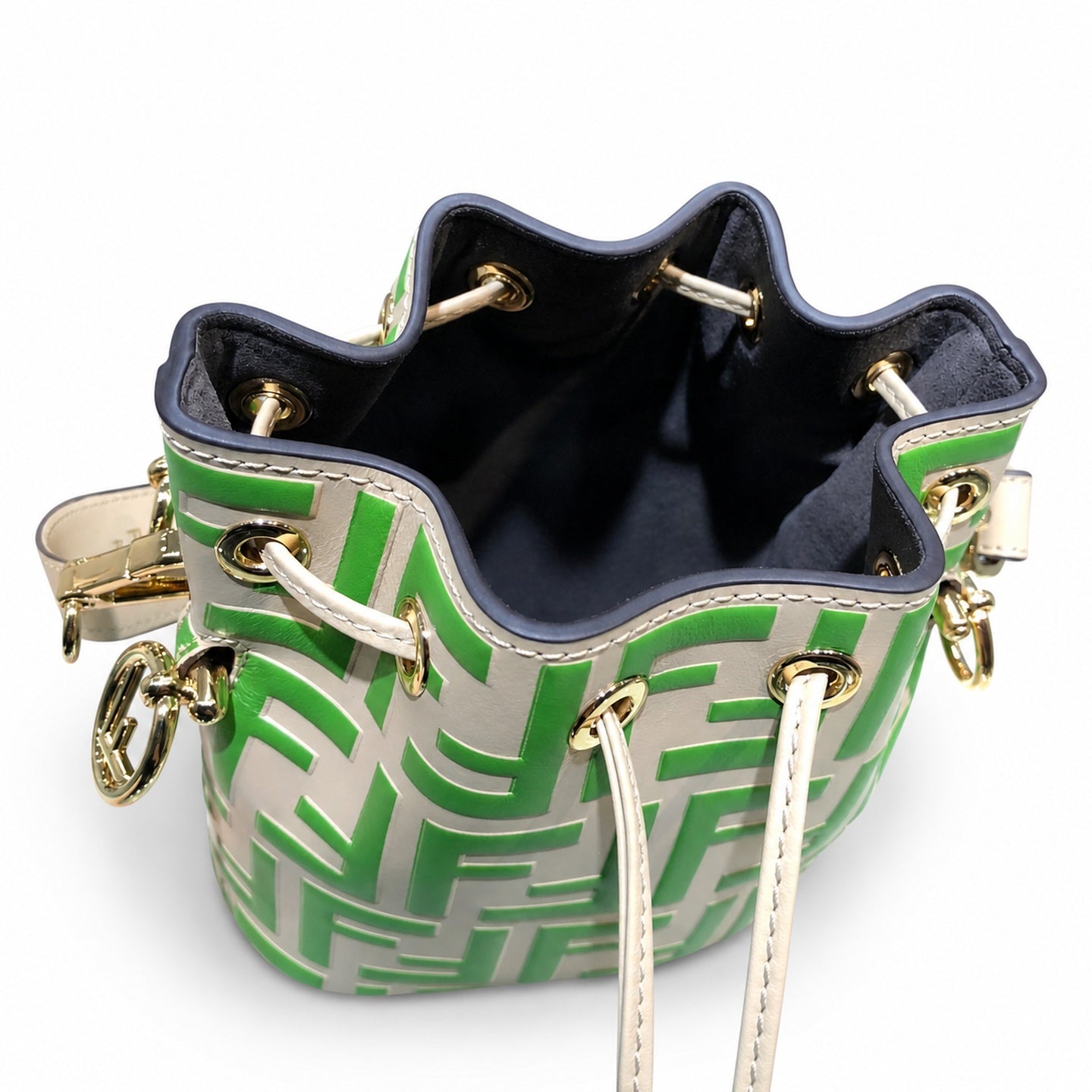 Fendi Mon Tresor Small Leather Beige Green Gold Bucket Bag