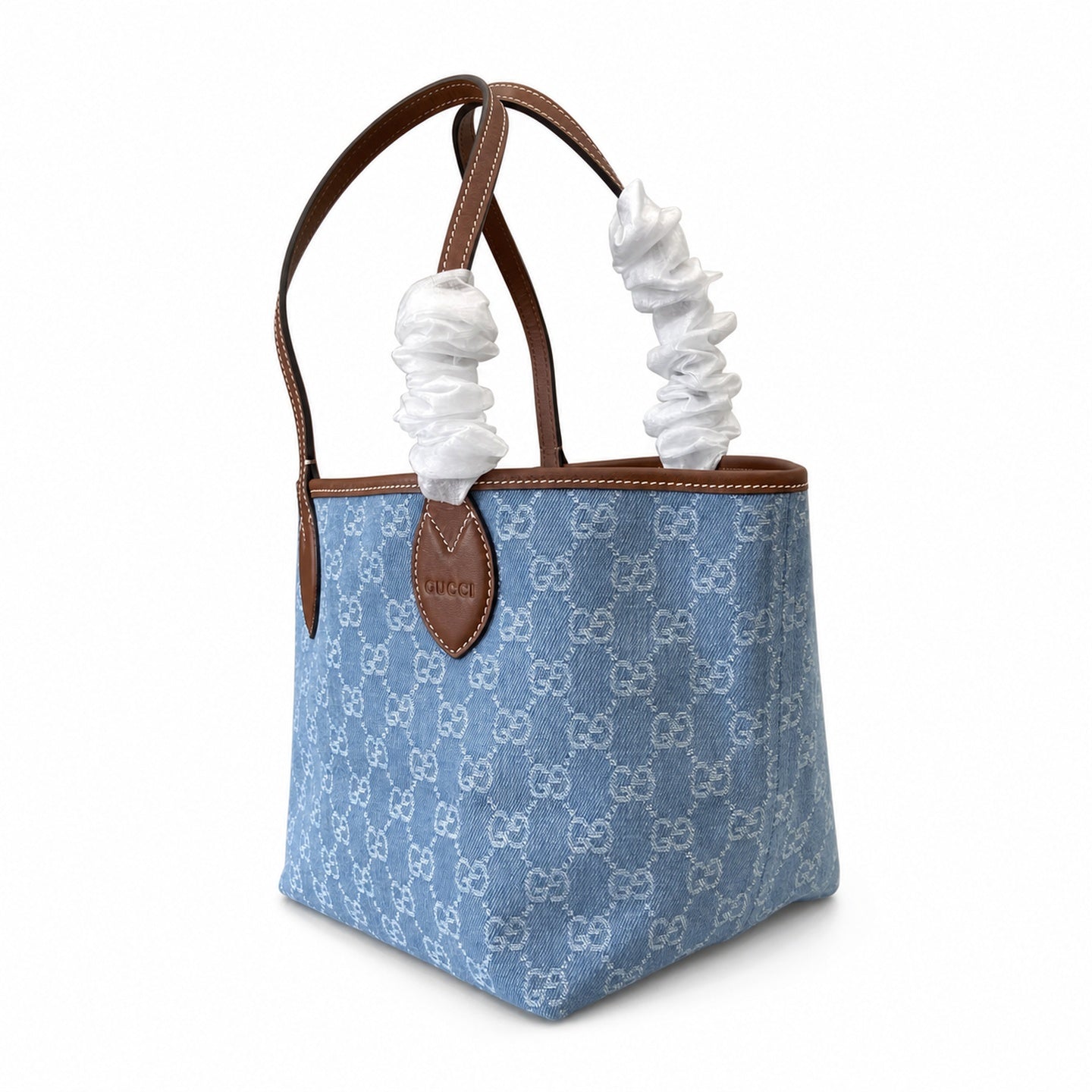 Gucci Denim Leather White Brown Blue Gold Tote Bag