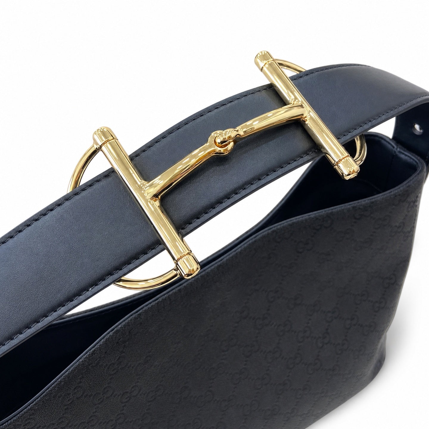 Gucci Horsebit Cotton Canvas Black Beige Gold Handbag