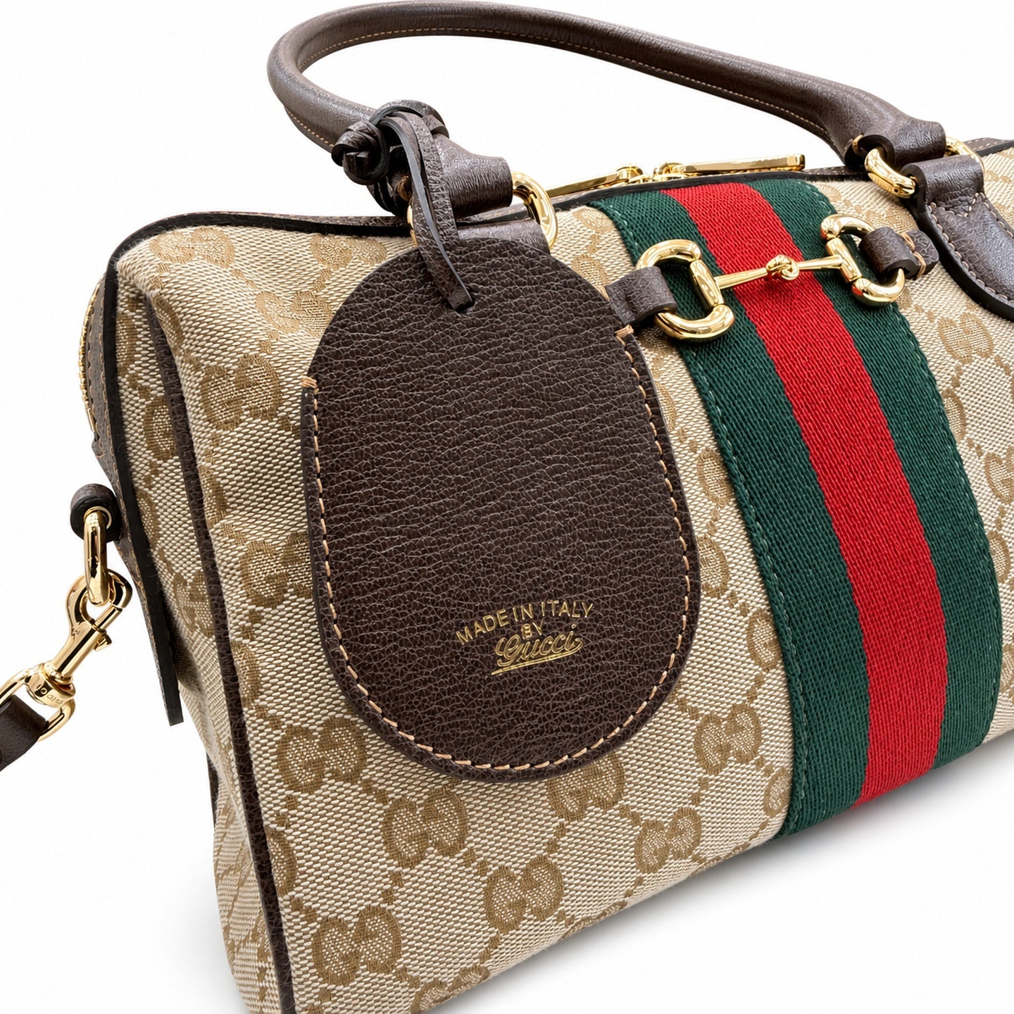 Gucci Horsebit Double Zip Canvas Leather Beige Brown Gold Handbag