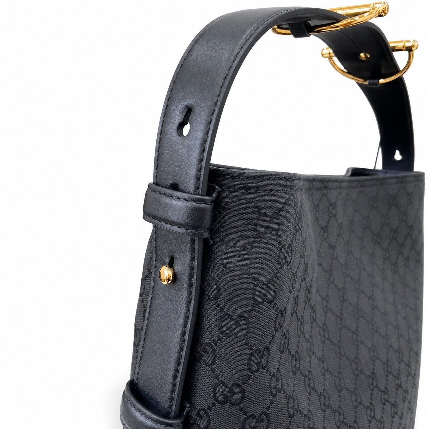 Gucci Horsebit Cotton Canvas Black Beige Gold Handbag