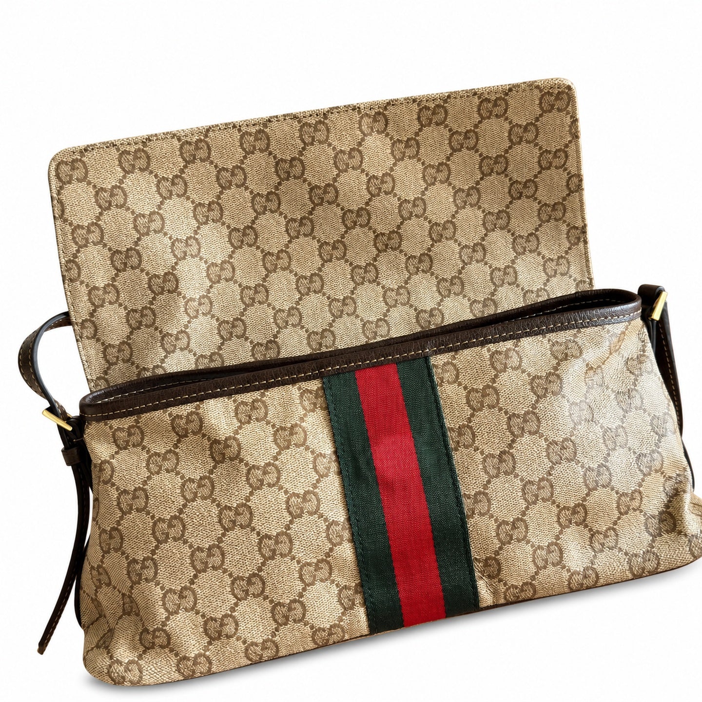 Gucci Denim Nylon Leather Brown Blue Shoulder Bag