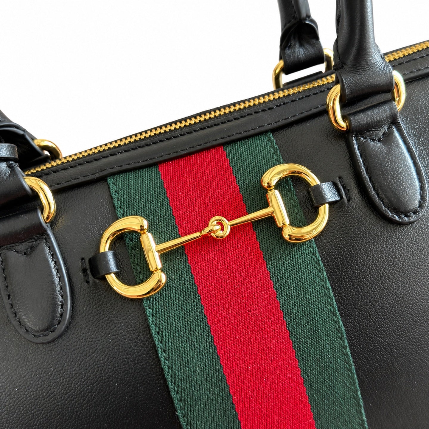 Gucci Horsebit Double Zip Canvas Leather Black Gold Handbag