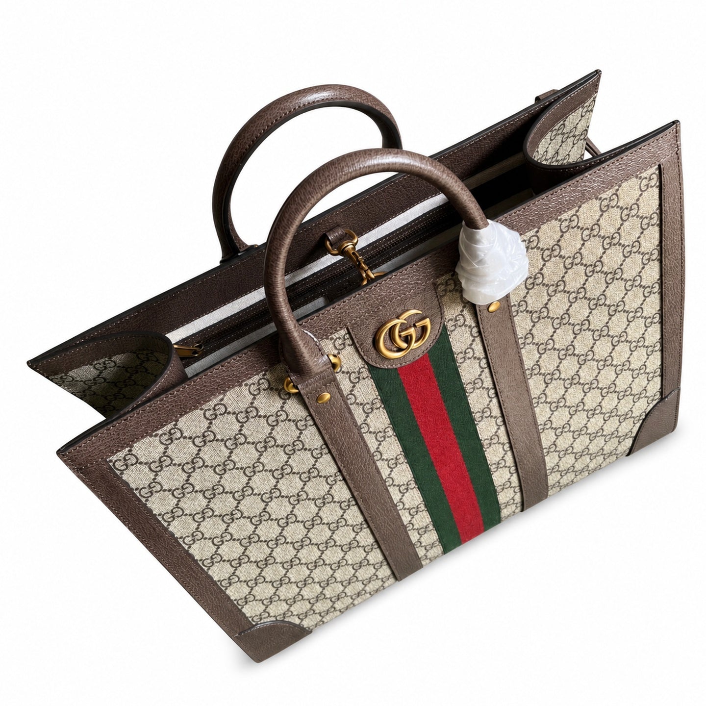 Gucci Ophidia Supreme Large Cotton Canvas Leather Beige Brown Red Green Gold Shopping Bag
