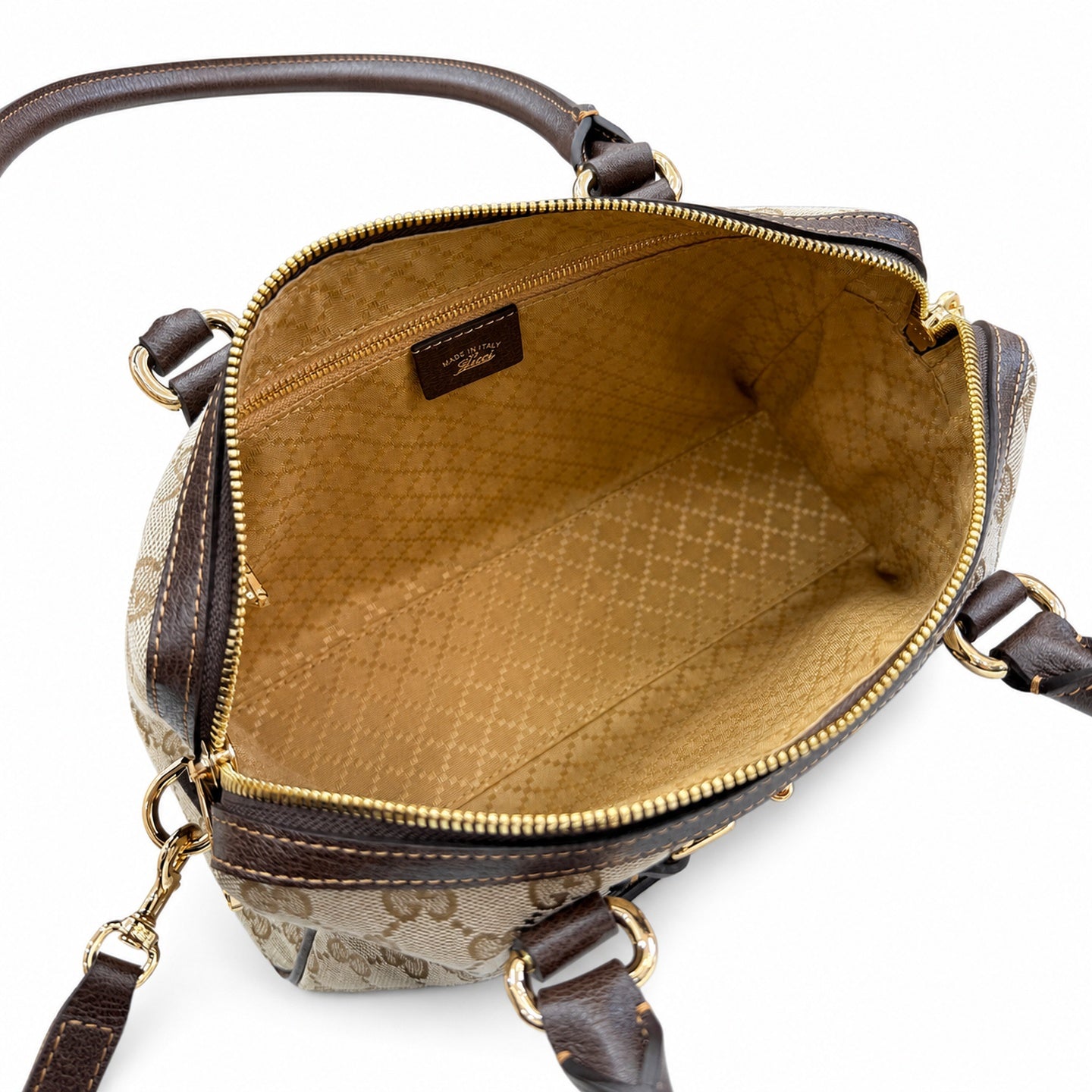 Gucci Horsebit Double Zip Canvas Leather Beige Brown Gold Handbag