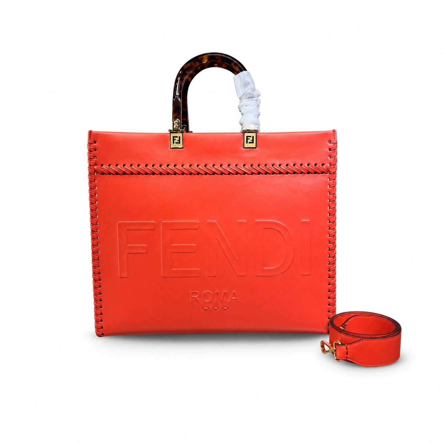 Fendi Sunshine Medium Embroidered Leather Red Orange Gold Tote Bag
