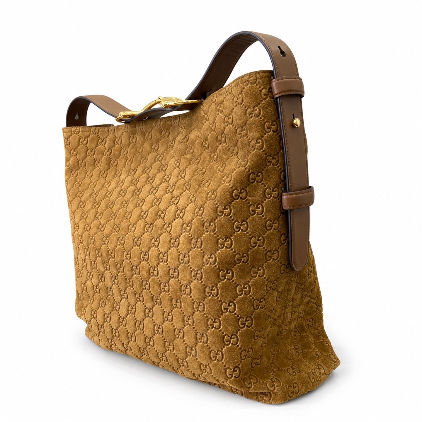 Gucci Horsebit Cotton Suede Leather Brown Gold Handbag