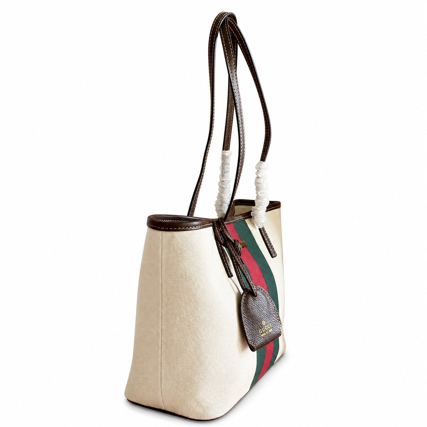 Gucci Cotton Canvas Leather Beige Brown Gold Charm