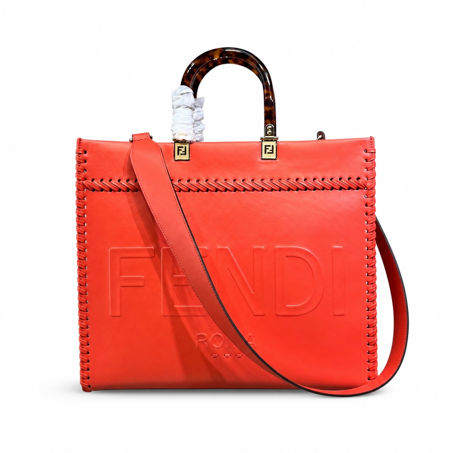 Fendi Sunshine Medium Embroidered Leather Red Orange Gold Tote Bag