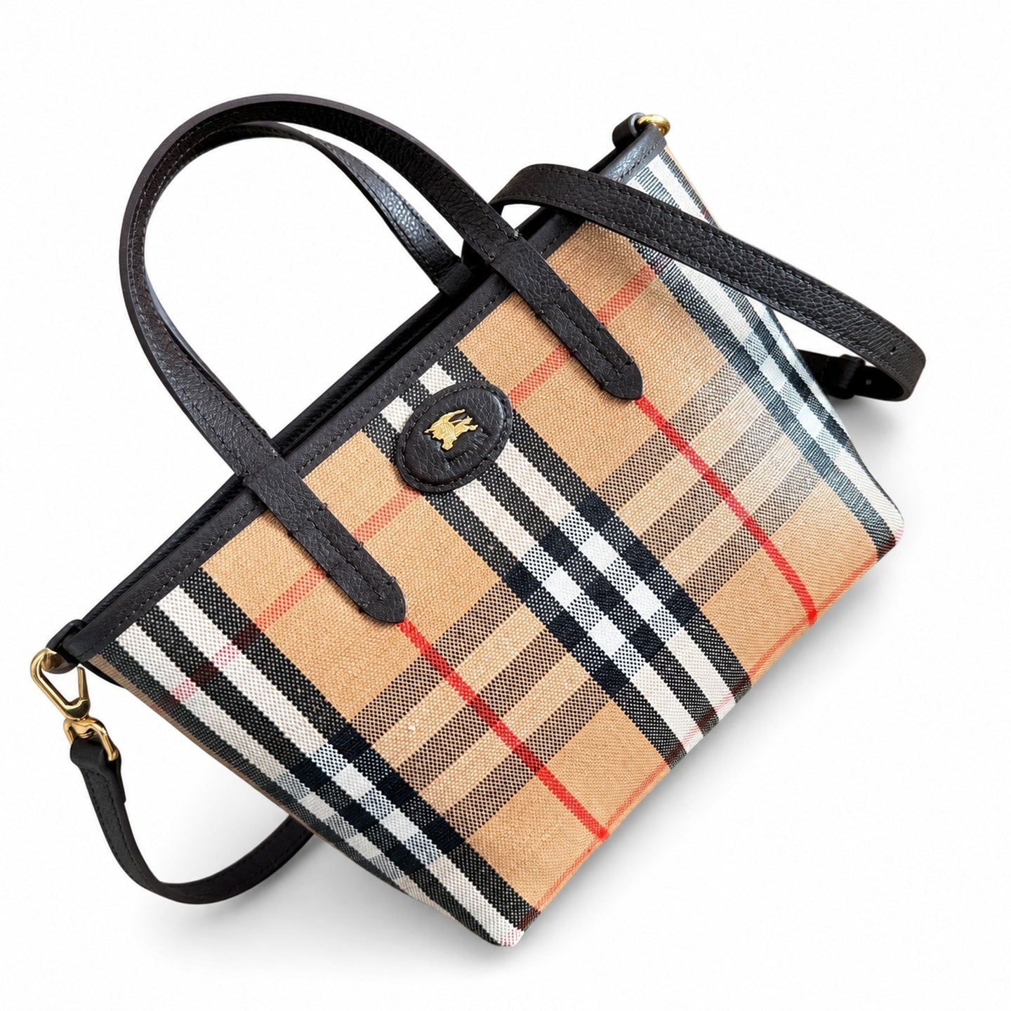 Burberry Reversible Mini Cotton Leather Check Beige Tote Bag