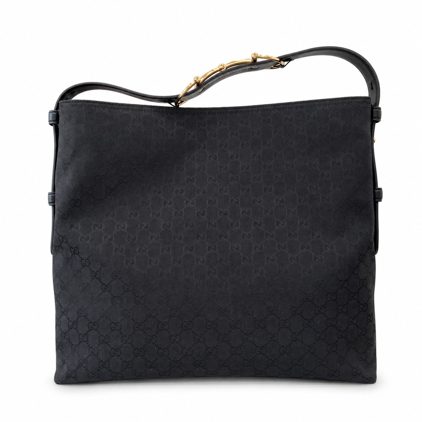 Gucci Horsebit Cotton Canvas Leather Black Beige Gold Handbag