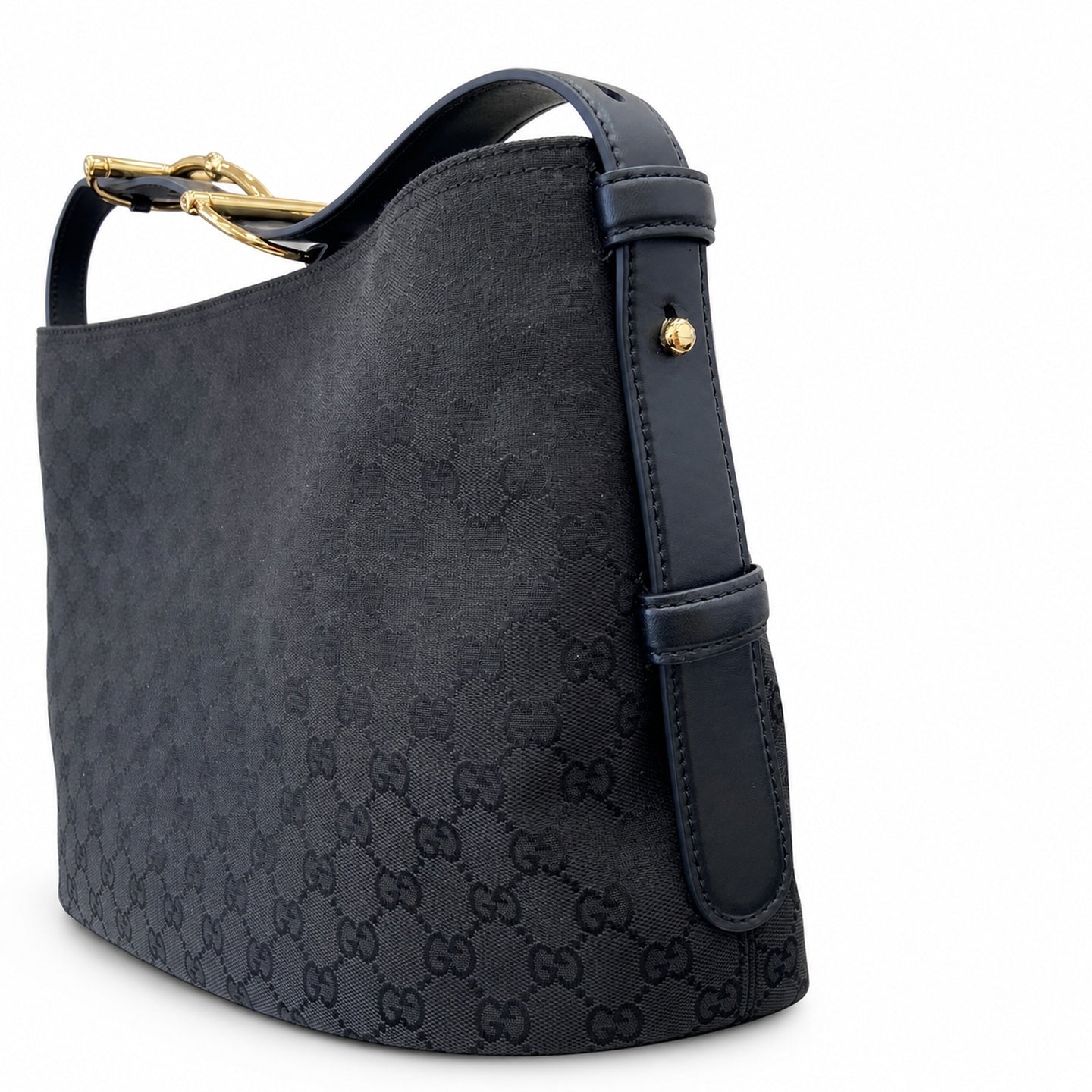 Gucci Horsebit Cotton Canvas Leather Black Beige Gold Handbag