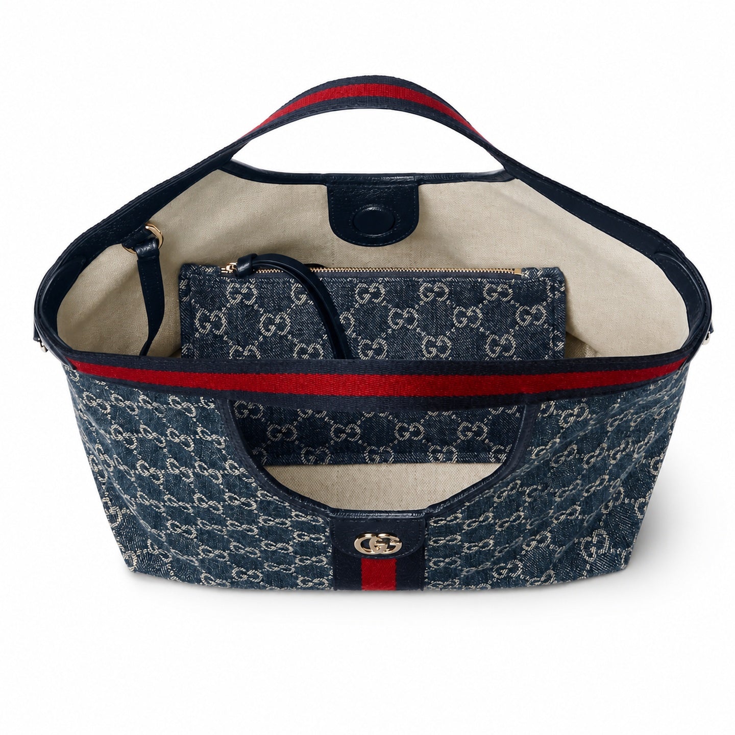 Gucci Giglio Small Cotton Denim Canvas Leather White Brown Red Blue Gold Tote Bag