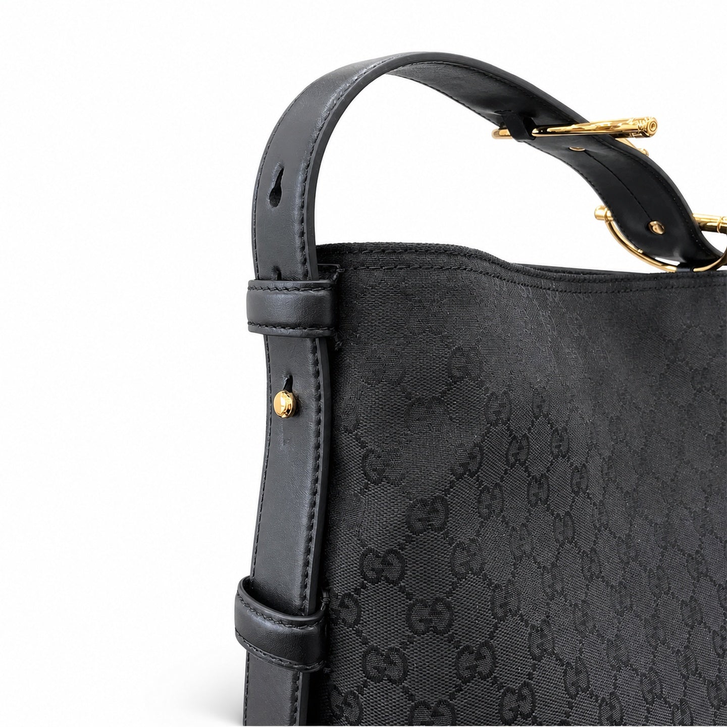 Gucci Horsebit Cotton Canvas Leather Black Beige Gold Handbag