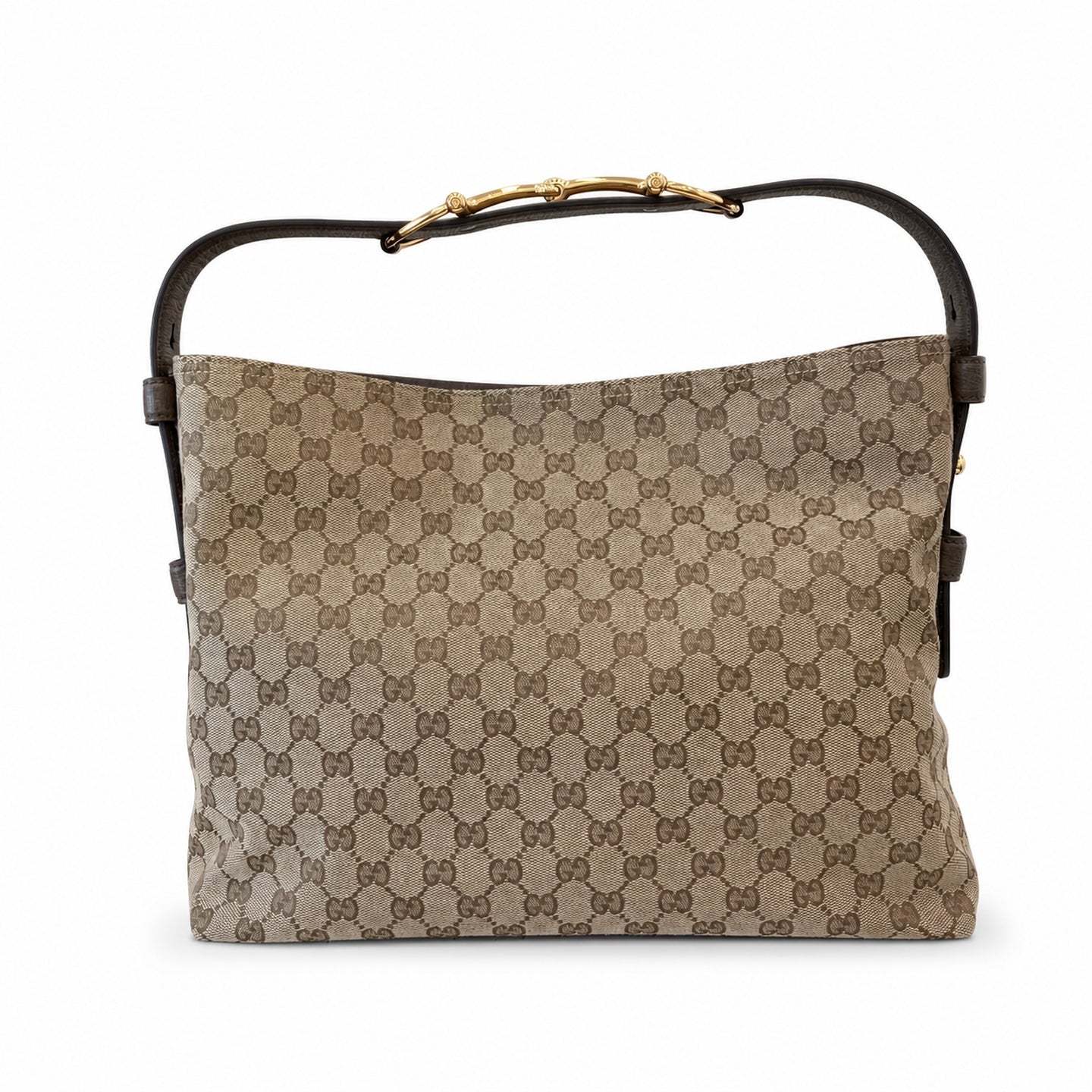 Gucci Horsebit Cotton Canvas Beige Brown Green Gold Handbag