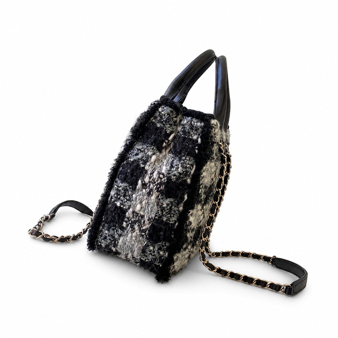 Chanel 25 Tweed Leather Check Black Gray Silver Handbag