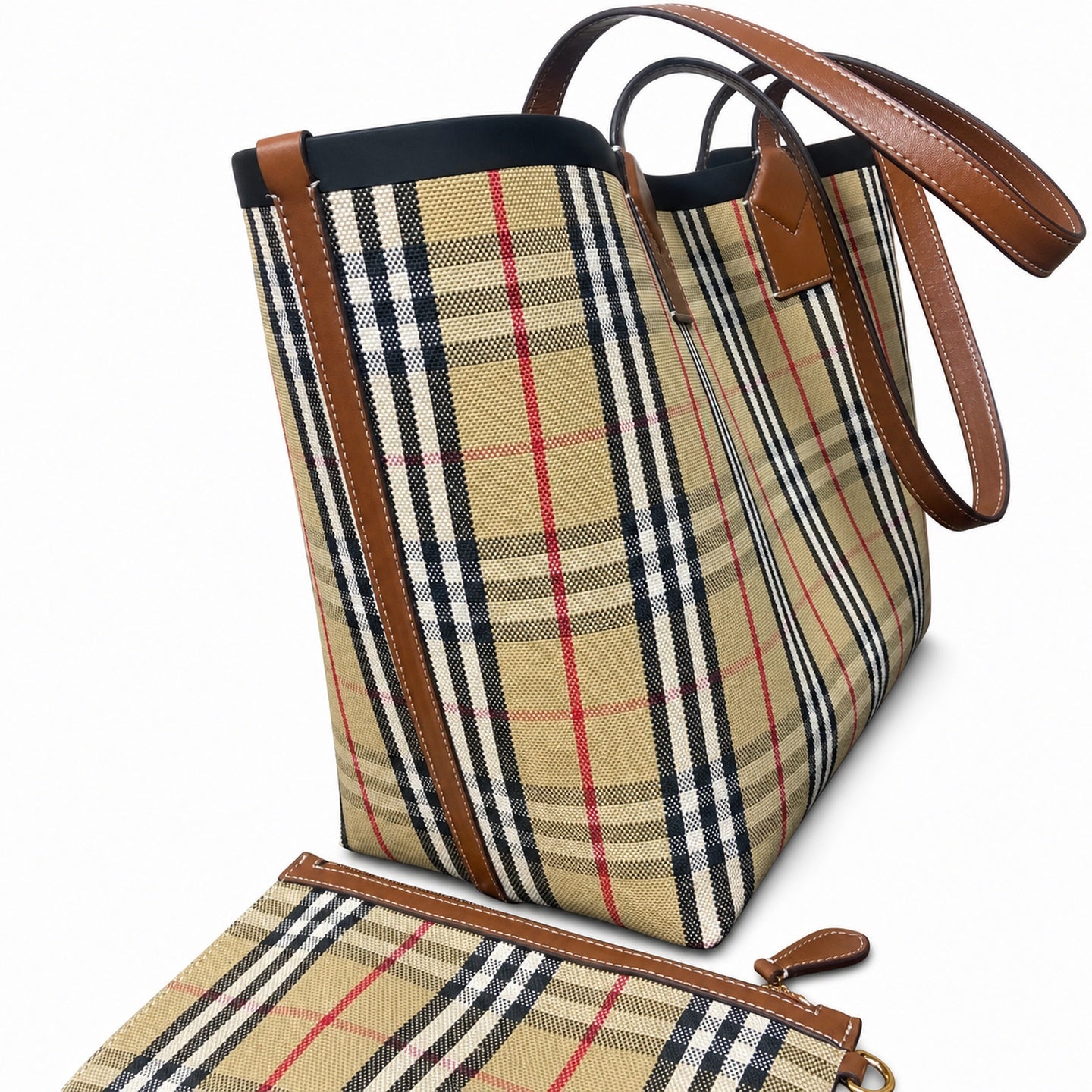 Burberry Cotton Canvas Jacquard Leather Check Tote Bag