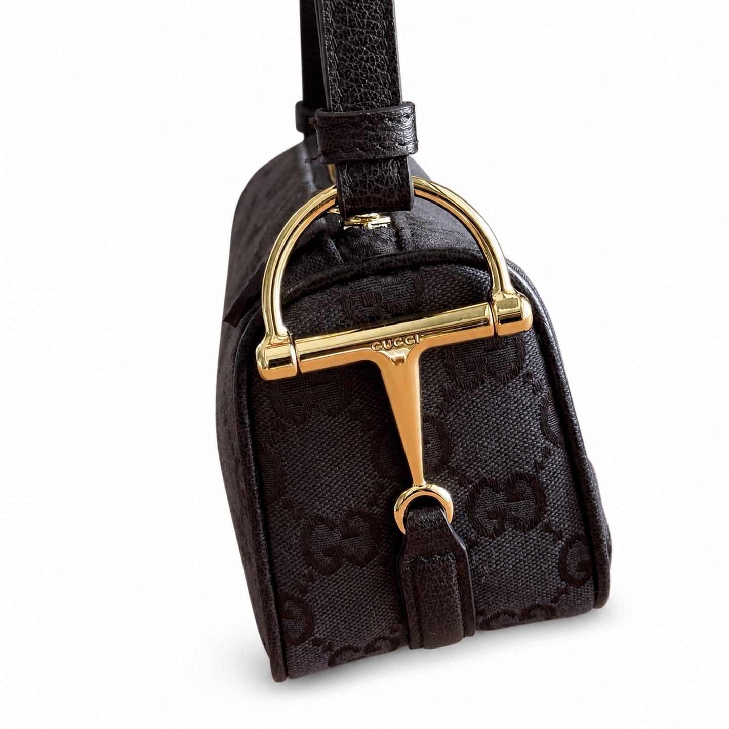 Gucci Horsebit Mini Cotton Canvas Leather Brown Gold Bag