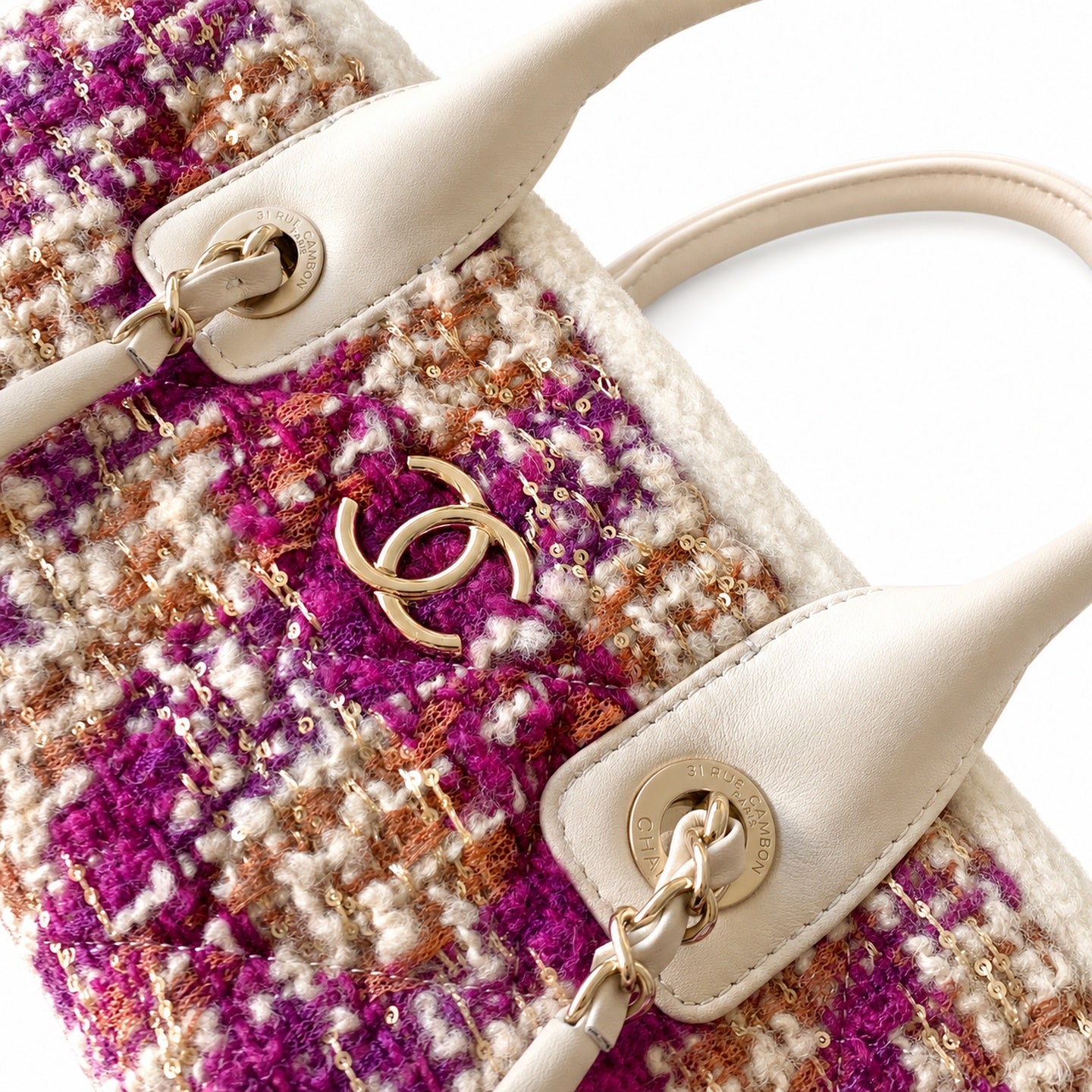 Chanel 25 Tweed Leather Check White Purple Handbag