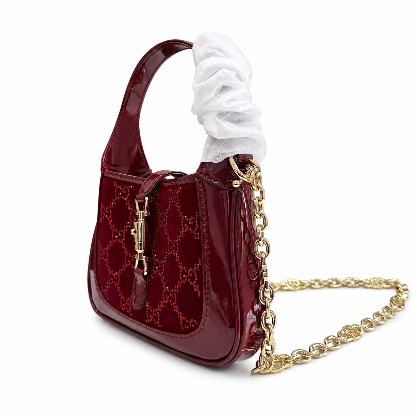 Gucci Jackie 1961 Silk Velvet Leather Red Gold Handbag