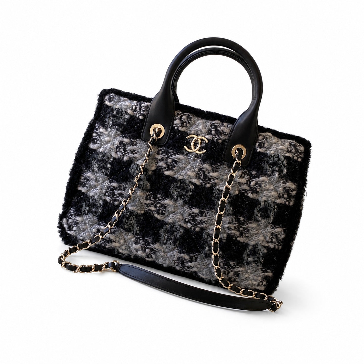 Chanel 25 Tweed Leather Check Black Gray Silver Handbag