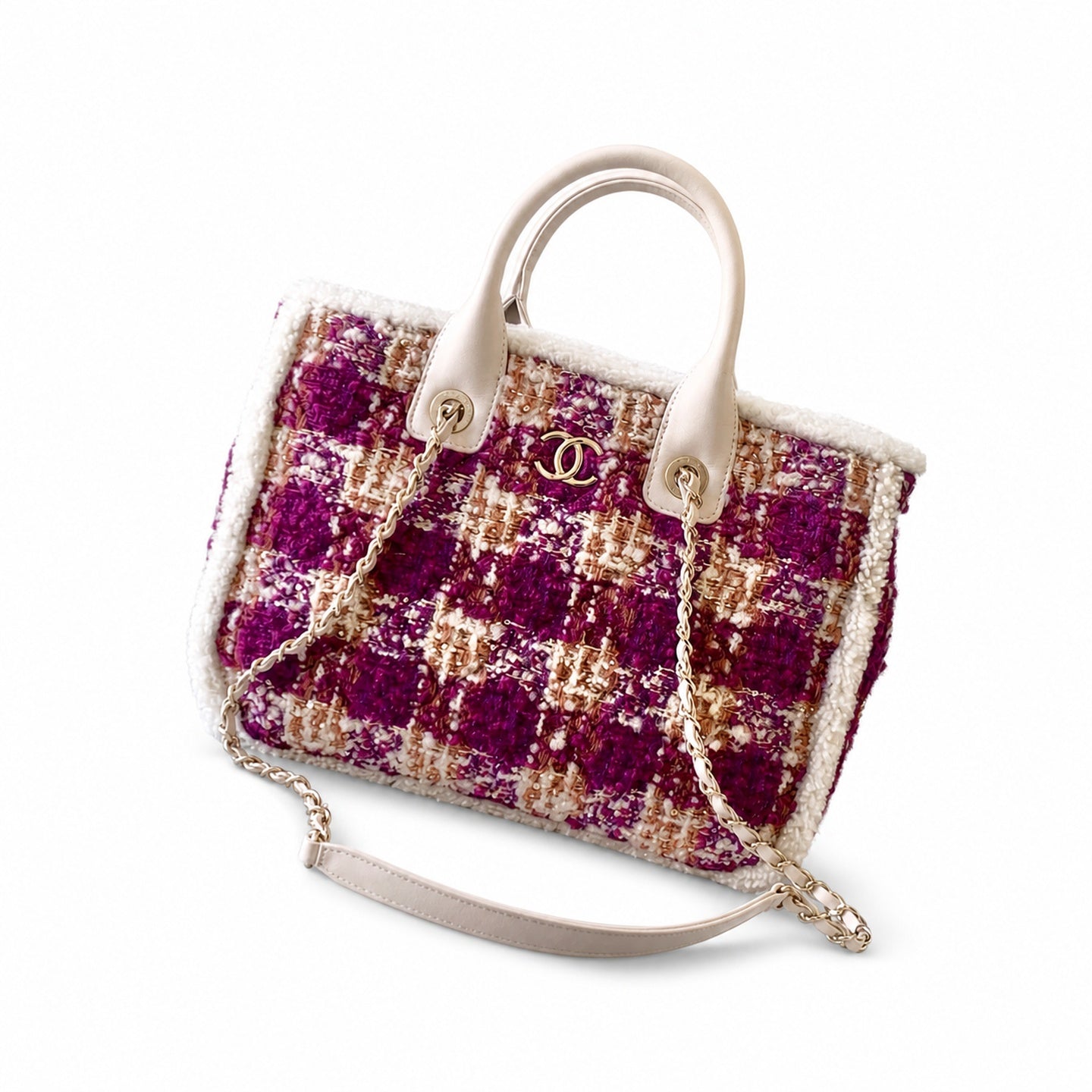 Chanel 25 Tweed Leather Check White Purple Handbag
