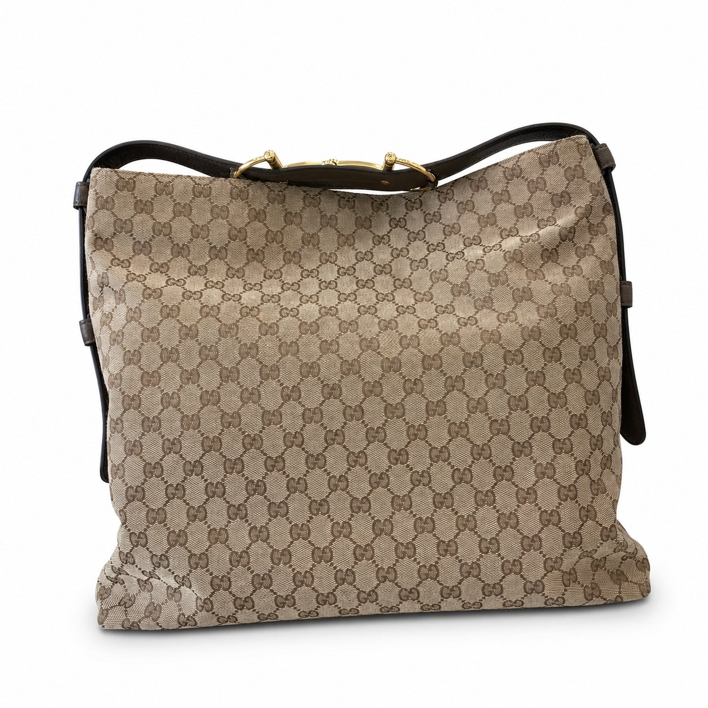 Gucci Horsebit Cotton Canvas Leather Beige Brown Green Gold Handbag