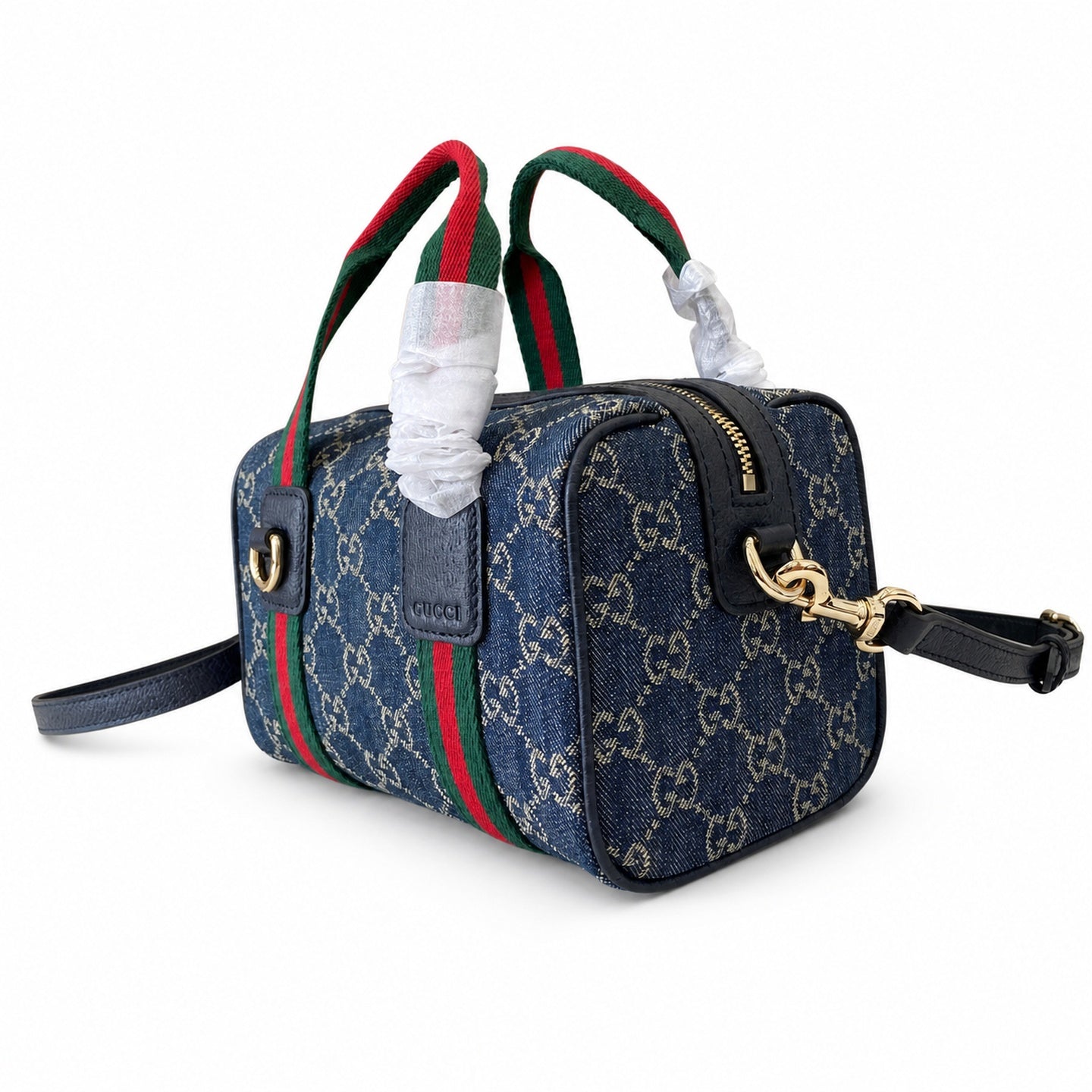 Gucci Mini Cotton Denim Leather Brown Blue Gold Handbag