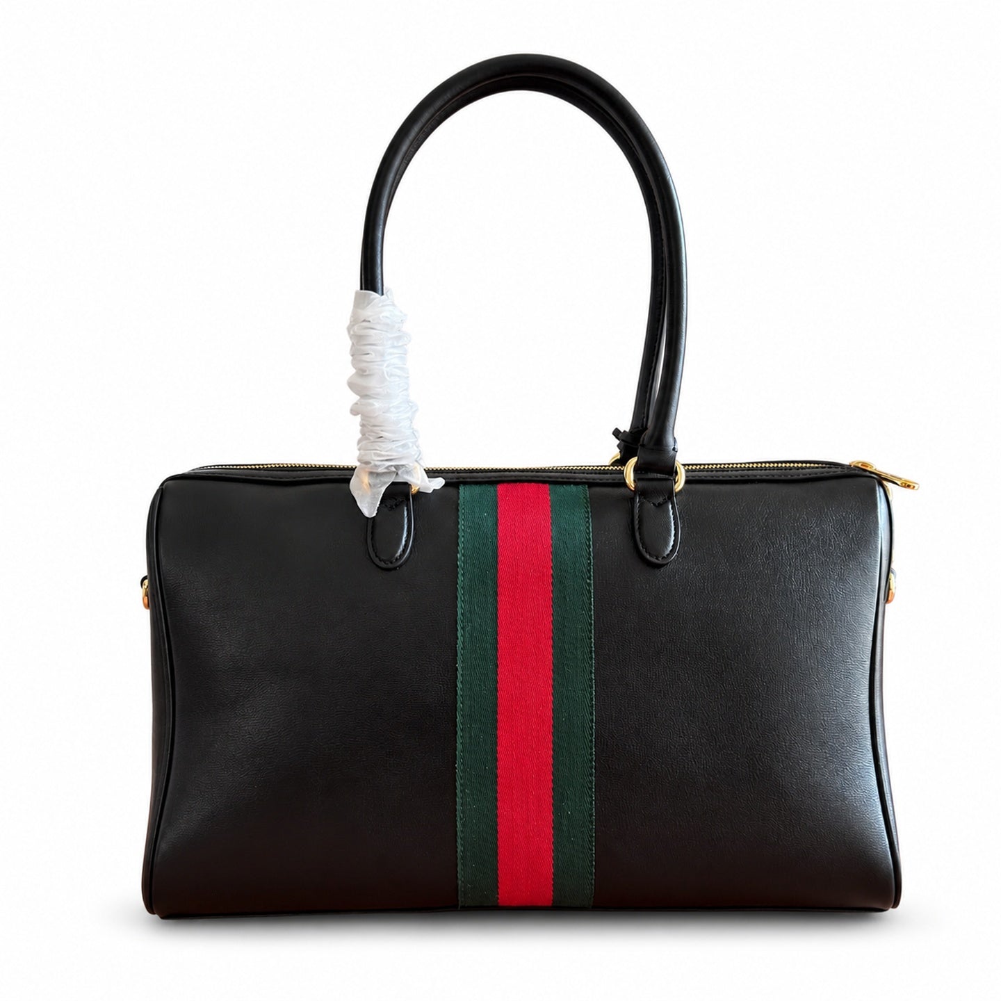 Gucci Horsebit Double Zip Canvas Leather Black Gold Handbag