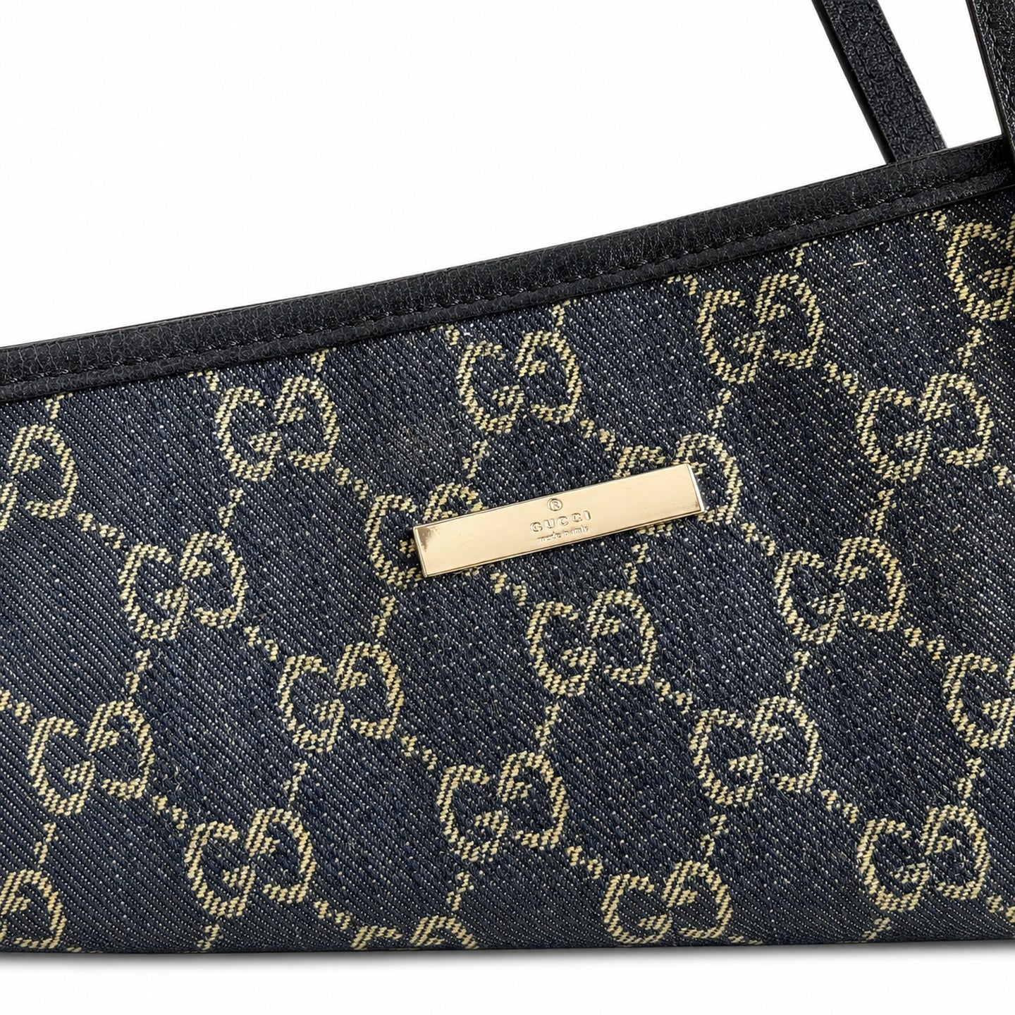 Gucci Cotton Denim Canvas Leather Brown Blue Gold Tote Bag