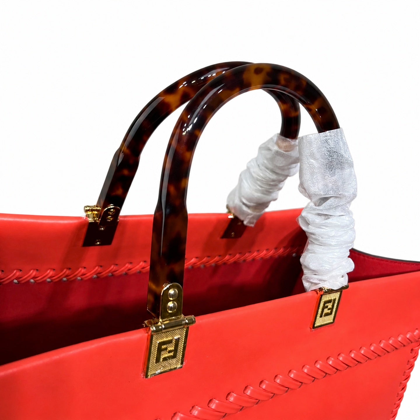 Fendi Sunshine Medium Embroidered Leather Red Orange Gold Tote Bag