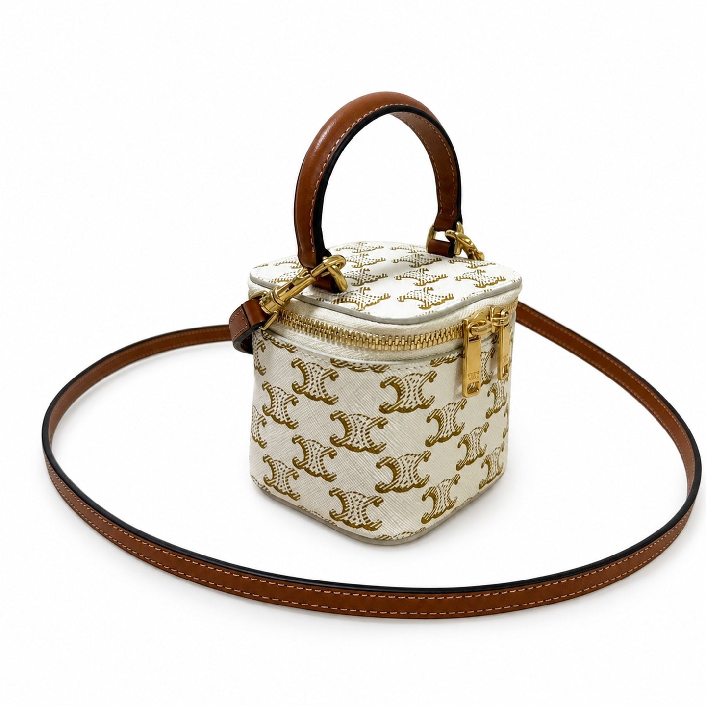 Celine Double Zip Small White Brown Bag