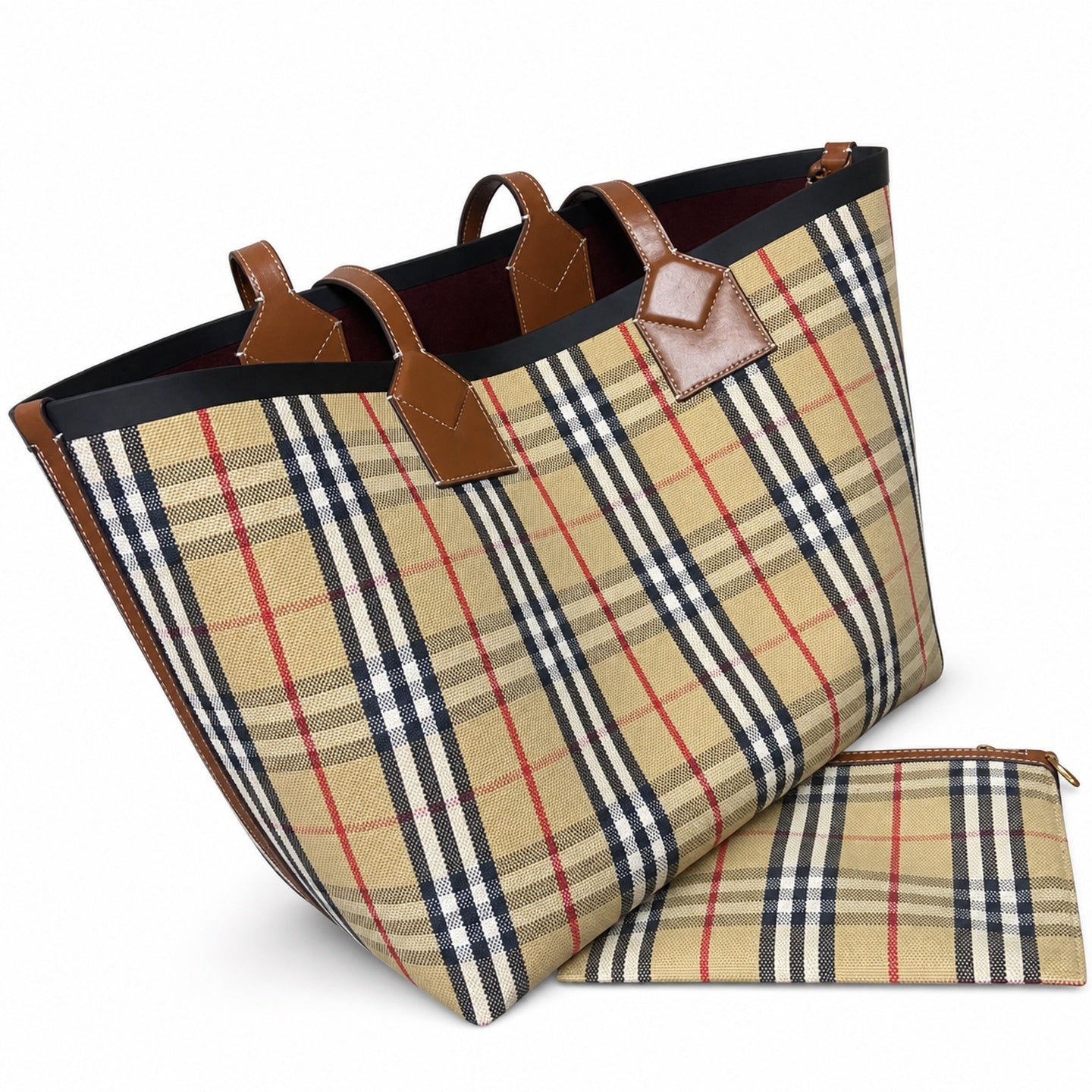 Burberry Cotton Canvas Jacquard Leather Check Tote Bag