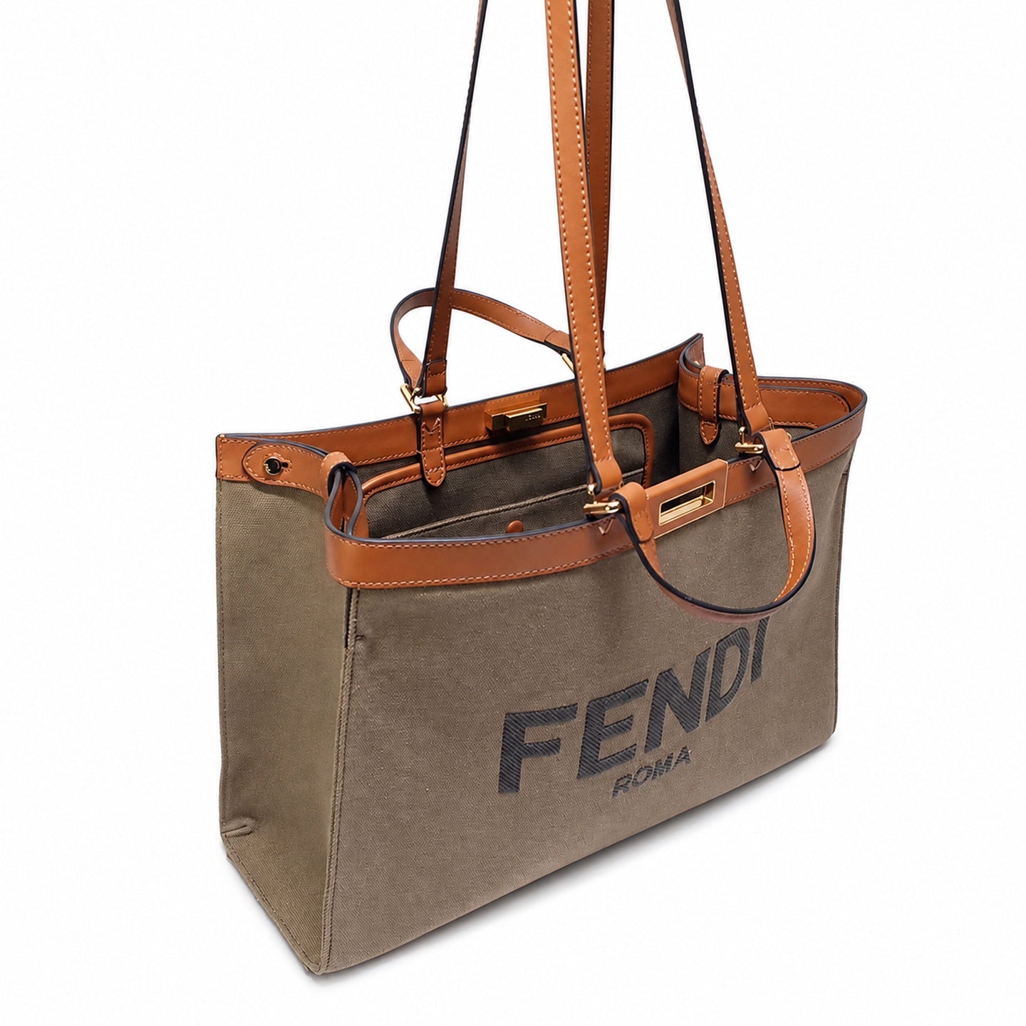 Fendi Peekaboo X-Tote Medium Embroidered Canvas Leather Brown Green Handbag