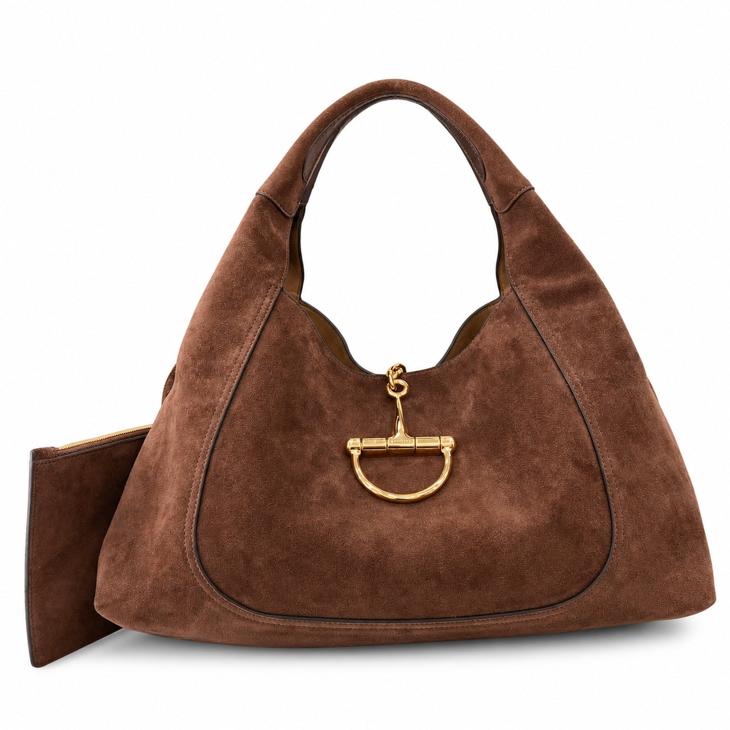 Gucci Horsebit Large Suede Leather Brown Gold Shoulder Bag