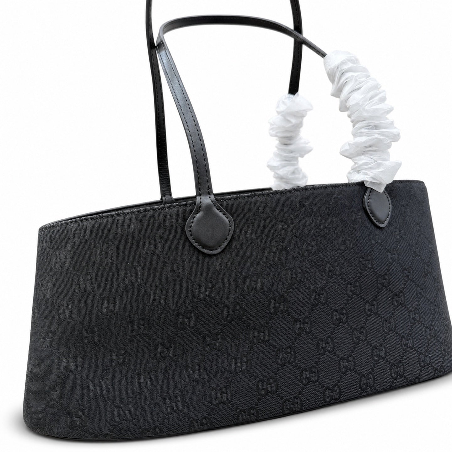 Gucci Cotton Canvas Leather Black Gray Gold Tote Bag