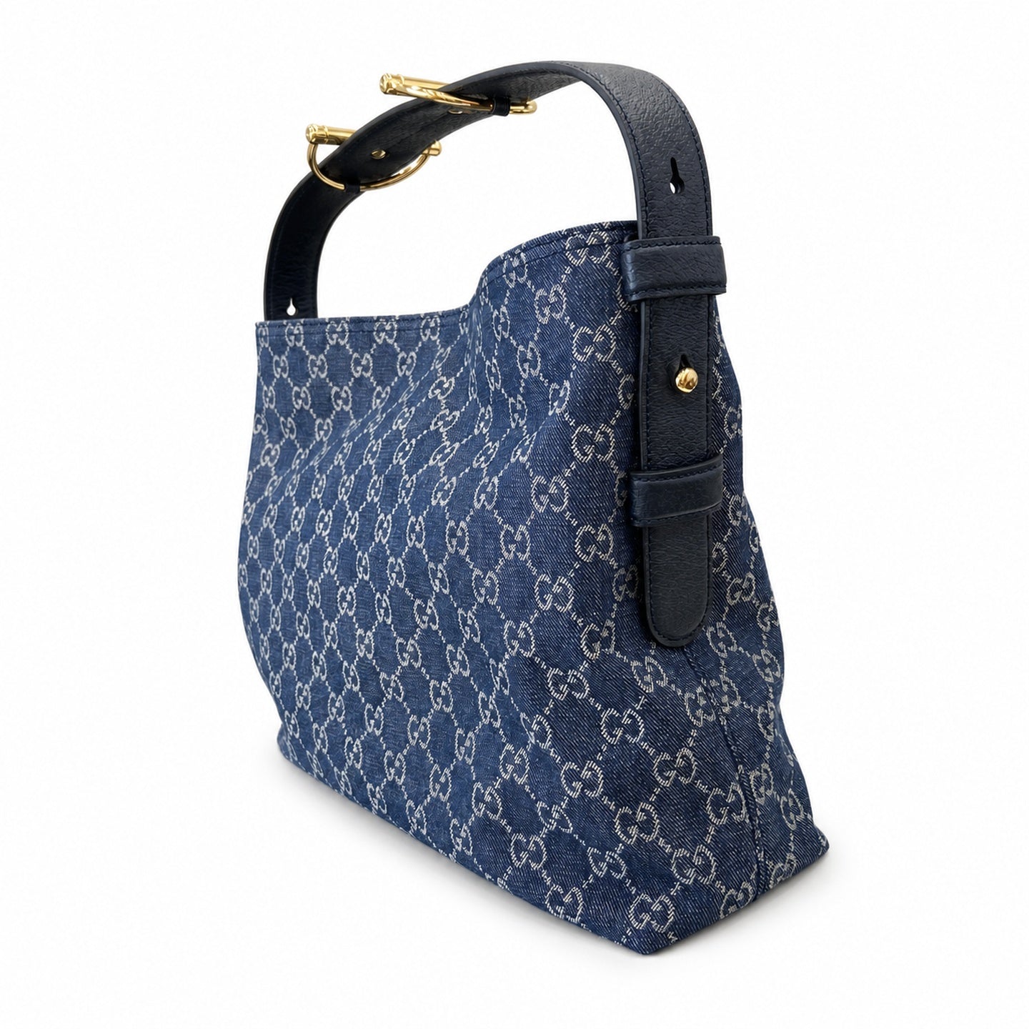 Gucci Horsebit Cotton Denim Canvas Leather White Brown Blue Gold Handbag