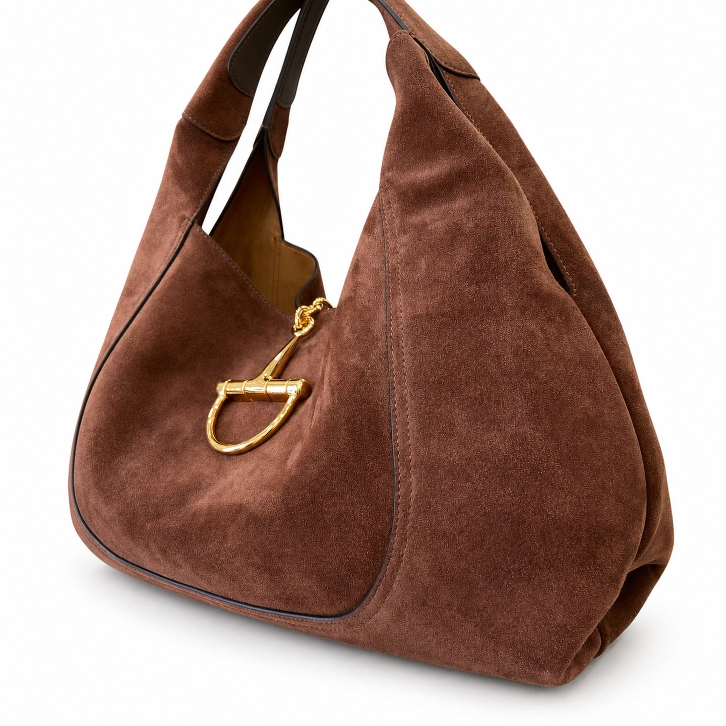 Gucci Horsebit Large Suede Leather Brown Gold Shoulder Bag