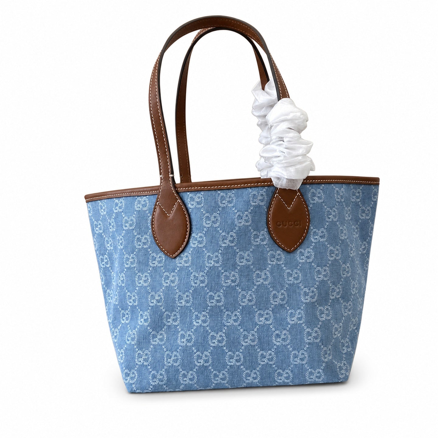 Gucci Denim Leather White Brown Blue Gold Tote Bag