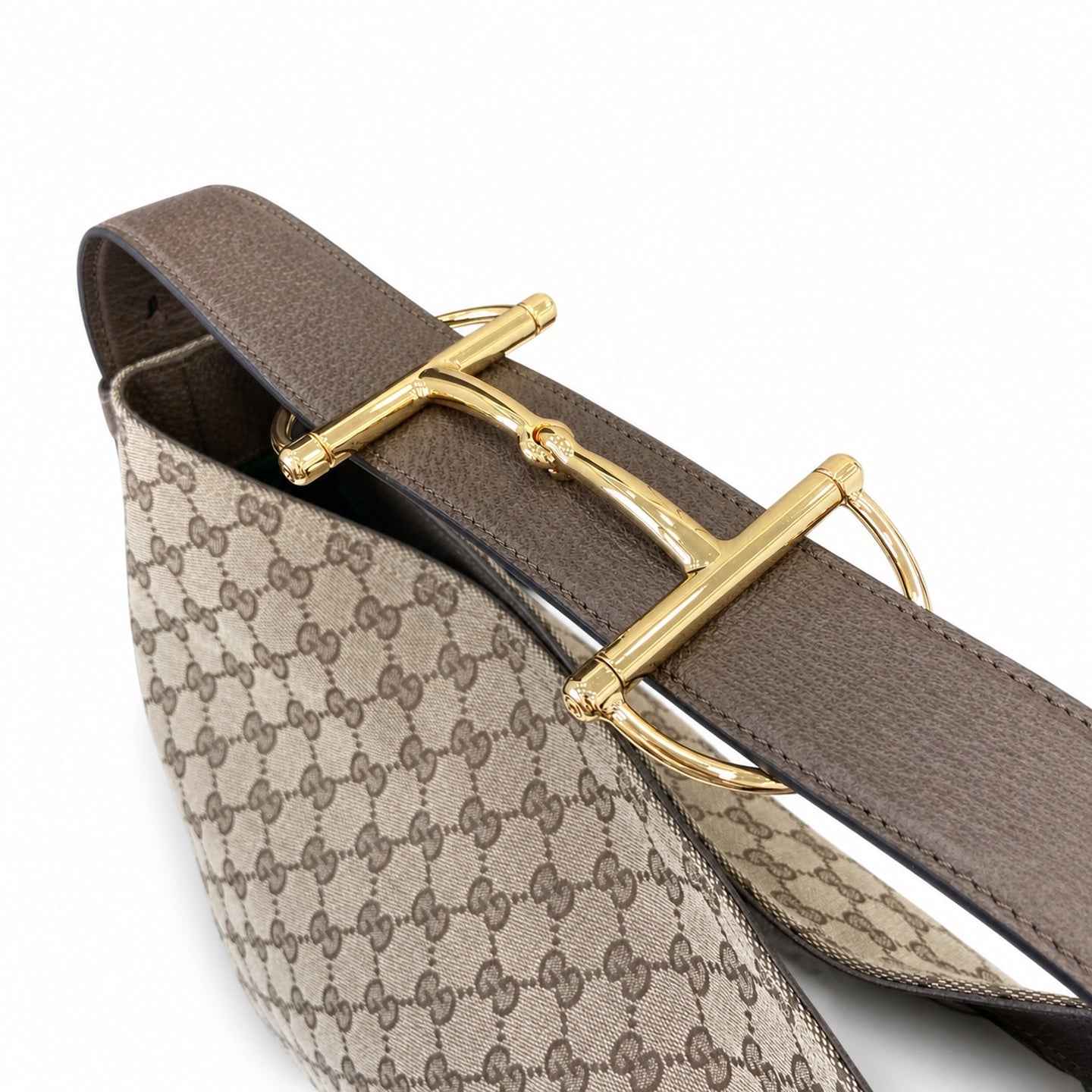 Gucci Horsebit Cotton Canvas Beige Brown Green Gold Handbag