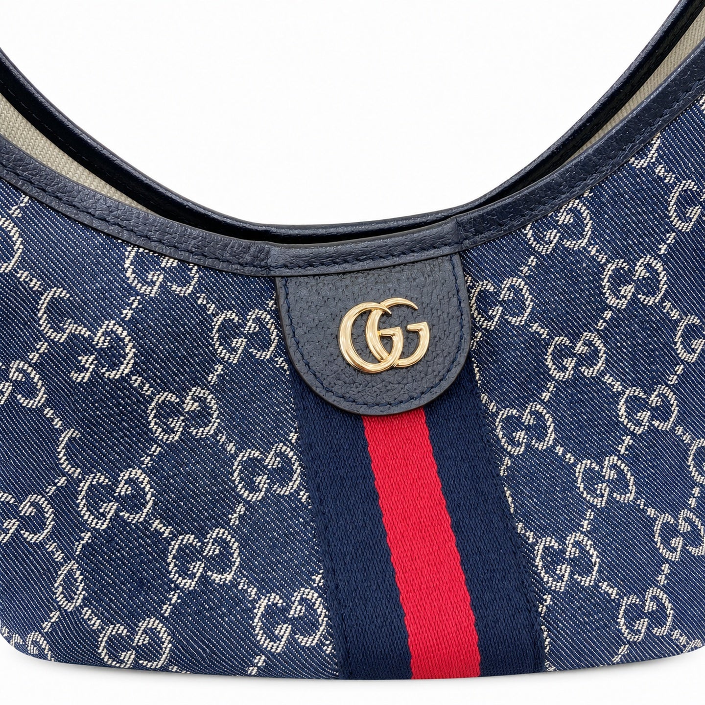 Gucci Giglio Cotton Denim Leather White Brown Red Blue Gold Tote Bag